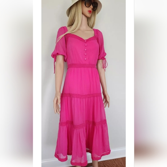 RACHEL PARCELL MAGENTA TIERED SHORT SLEEVES SUNDAY PARTY MIDI DRESS MEDIUM M NWT - Picture 5 of 16